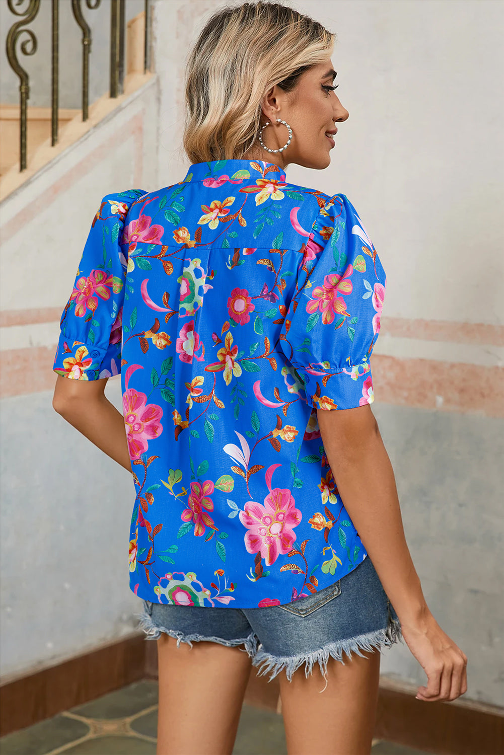 Blue Puff Sleeve Button Up Boho Floral Shirt – Shewin | ClozArt