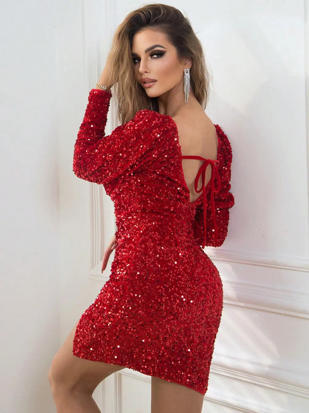 Sequin Sweetheart Neck Tie Back Long Sleeve Slit Dress – Trendsi | ClozArt