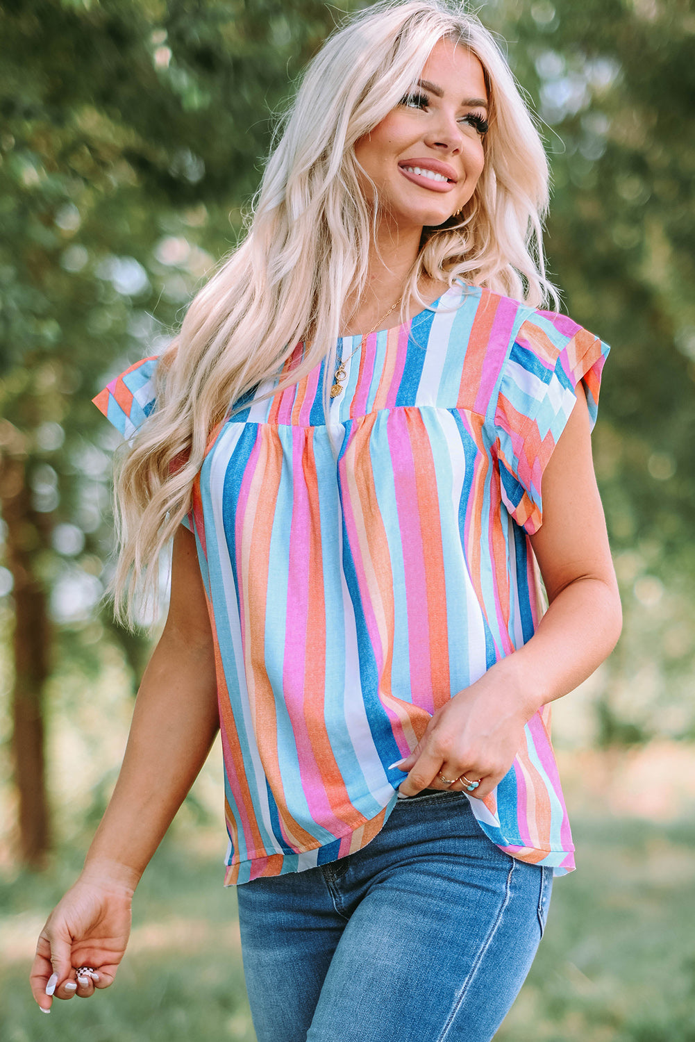 Multicolored Stripe Flutter Sleeve Blouse – Trendsi | ClozArt