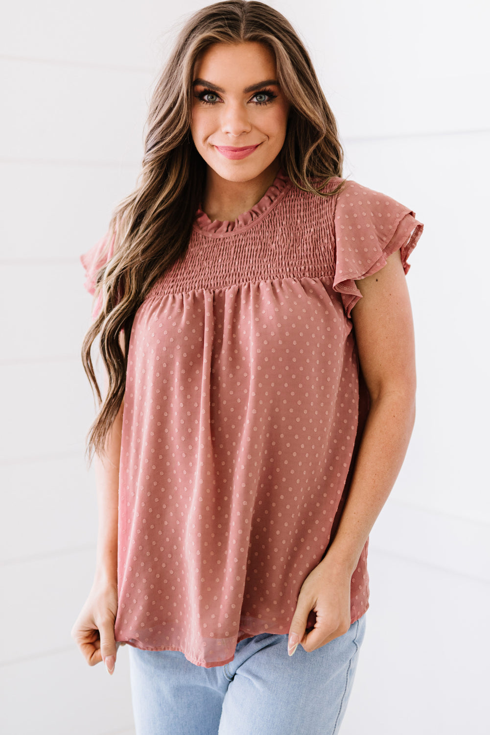 Polka Dot Smocked Flutter Sleeve Blouse – Trendsi | ClozArt