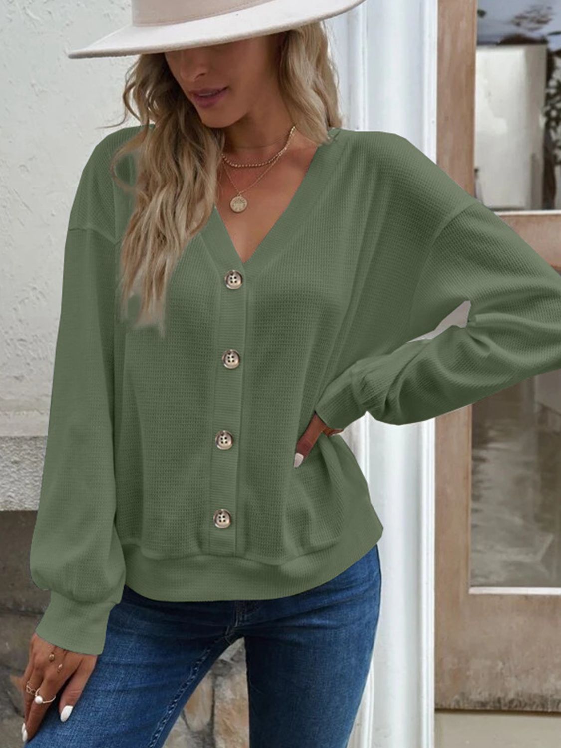 V-Neck Dropped Shoulder Blouse – Trendsi | ClozArt