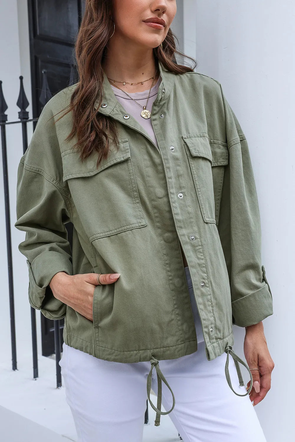 Drawstring Snap Down Dropped Shoulder Denim Jacket – Trendsi | ClozArt
