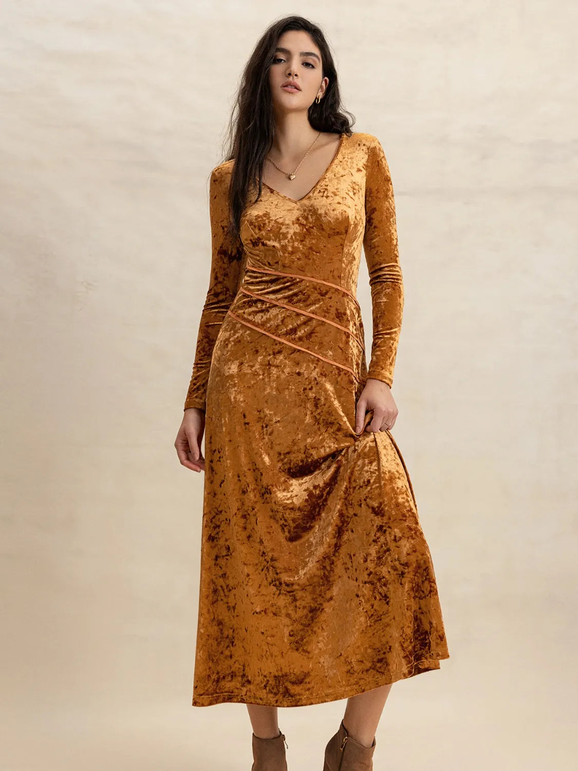 V-Neck Long Sleeve Midi Dress – Trendsi | ClozArt