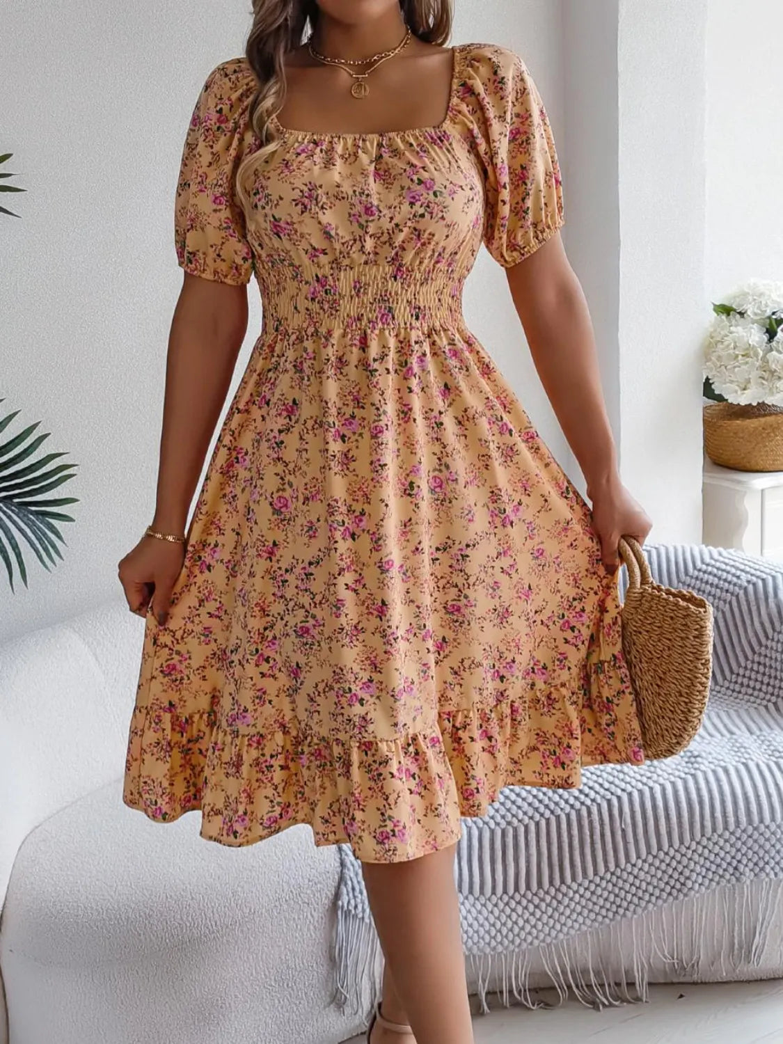 Ruffled Hem Floral Puff Sleeve Dress – Trendsi | ClozArt