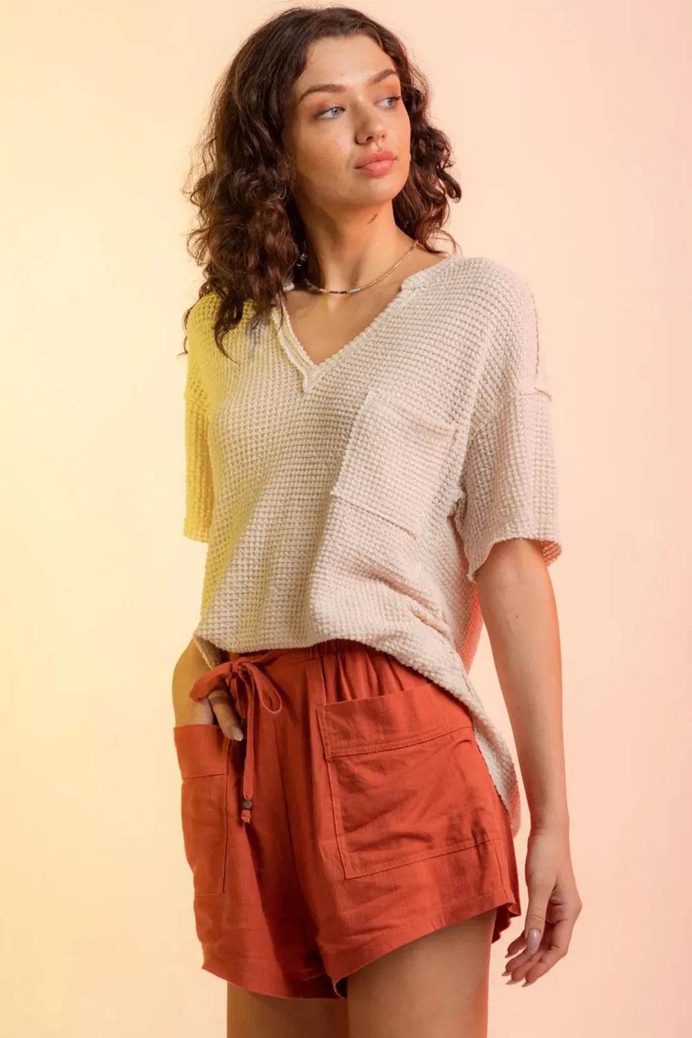 Waffle-Knit Notched Half Sleeve T-Shirt – Trendsi | ClozArt
