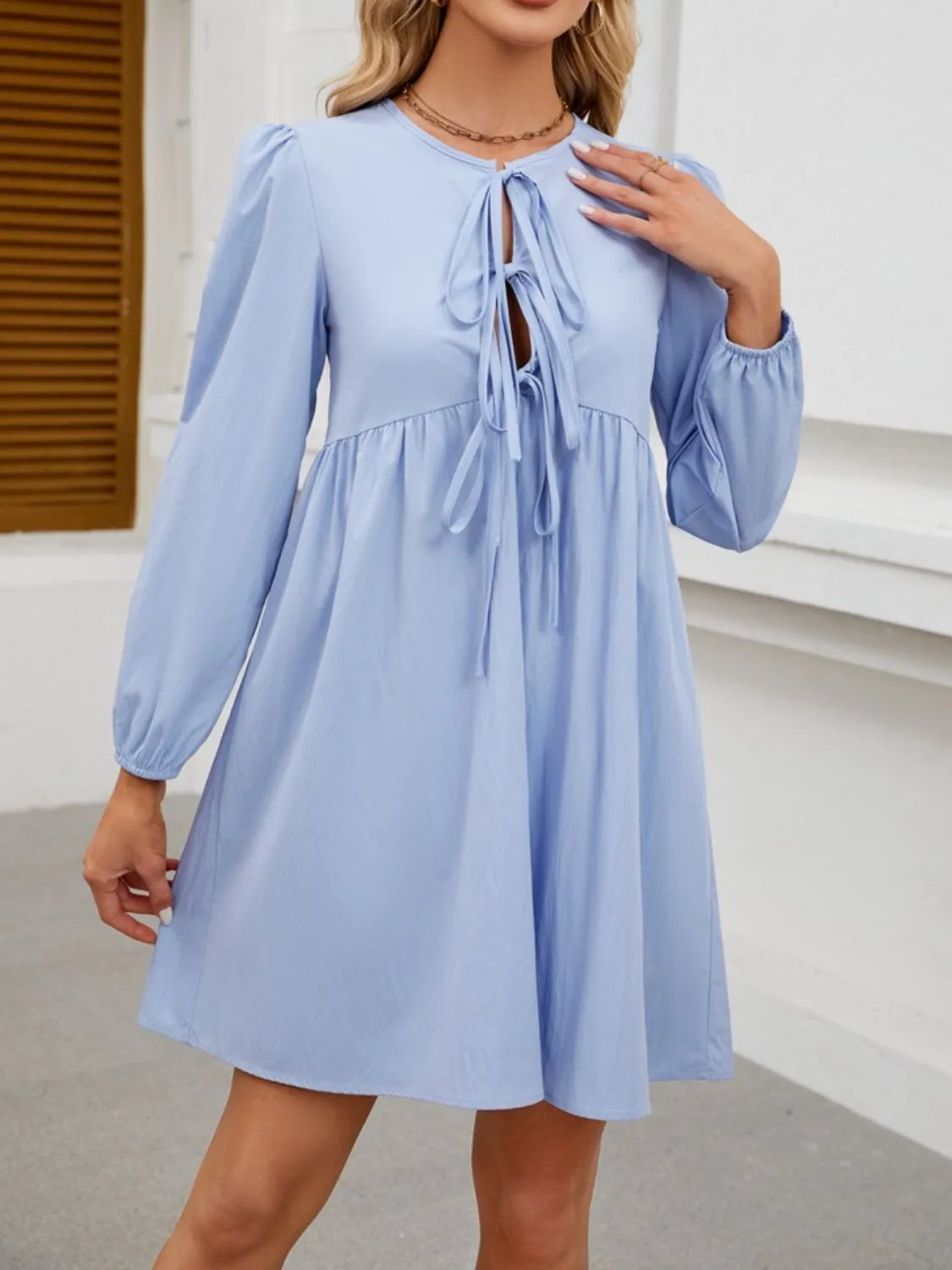 Tie Front Long Sleeve Mini Dress – Trendsi | ClozArt