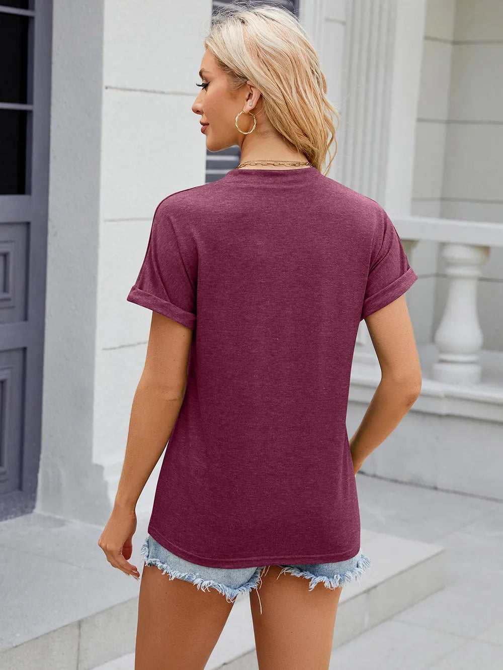 Decorative Button Notched Short Sleeve T-Shirt – Trendsi | ClozArt