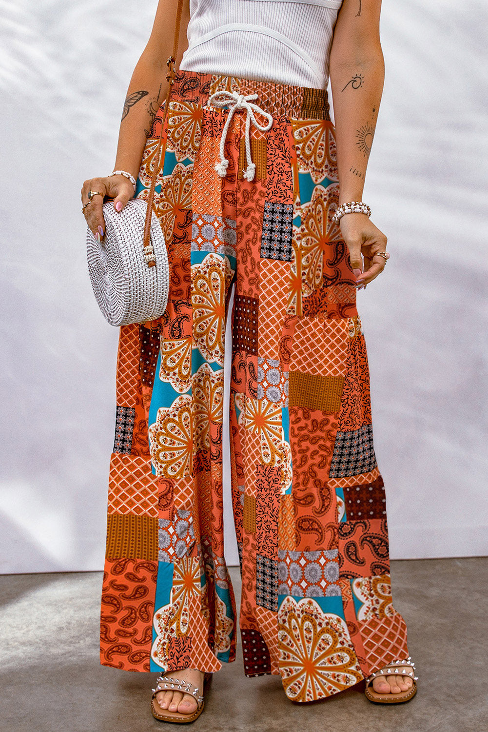 Bohemian Patchwork Drawstring Wide Leg Pants – Trendsi | ClozArt
