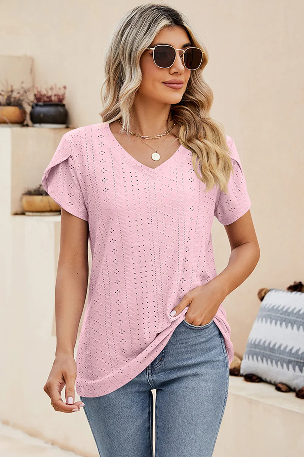 Eyelet V-Neck Petal Sleeve T-Shirt – Trendsi | ClozArt