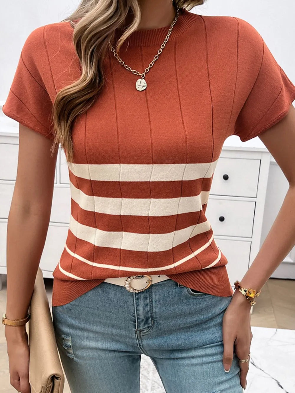 Devine Striped Round Neck Short Sleeve Knit Top – Trendsi | ClozArt