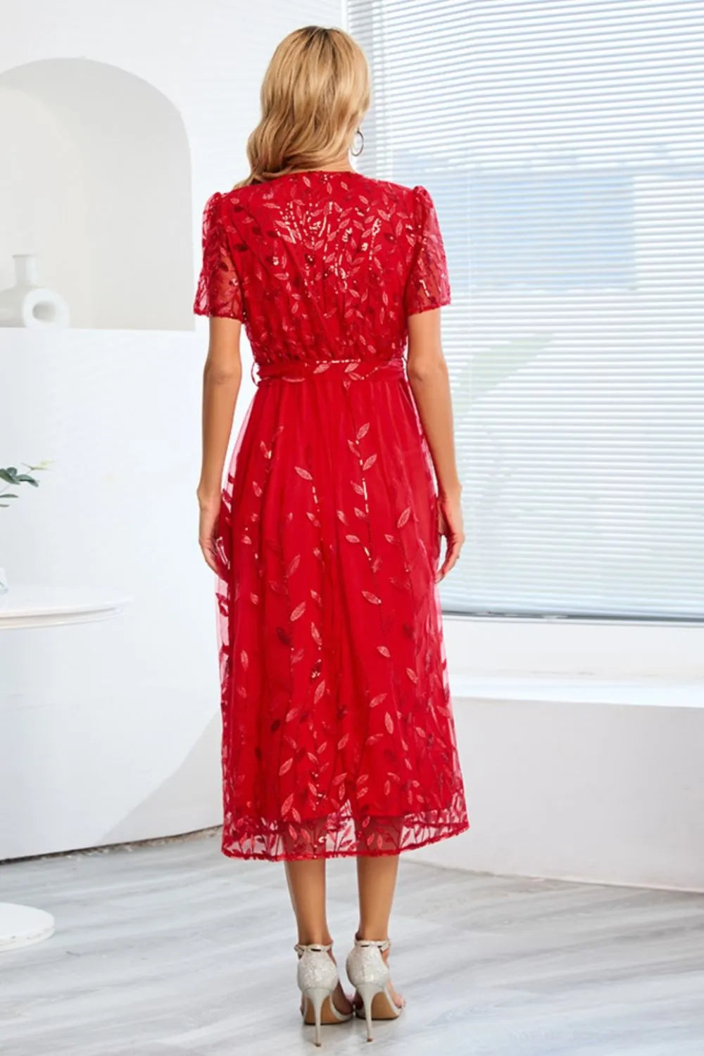 Sequin Leaf Embroidery Tie Front Short Sleeve Dress – Trendsi | ClozArt