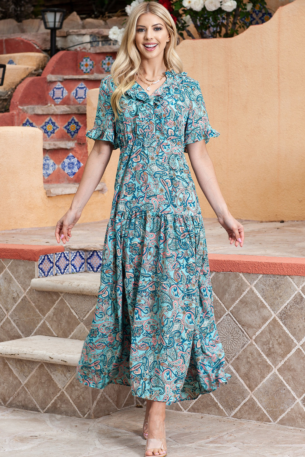 Paisley Print Flounce Sleeve Maxi Dress – Trendsi | ClozArt