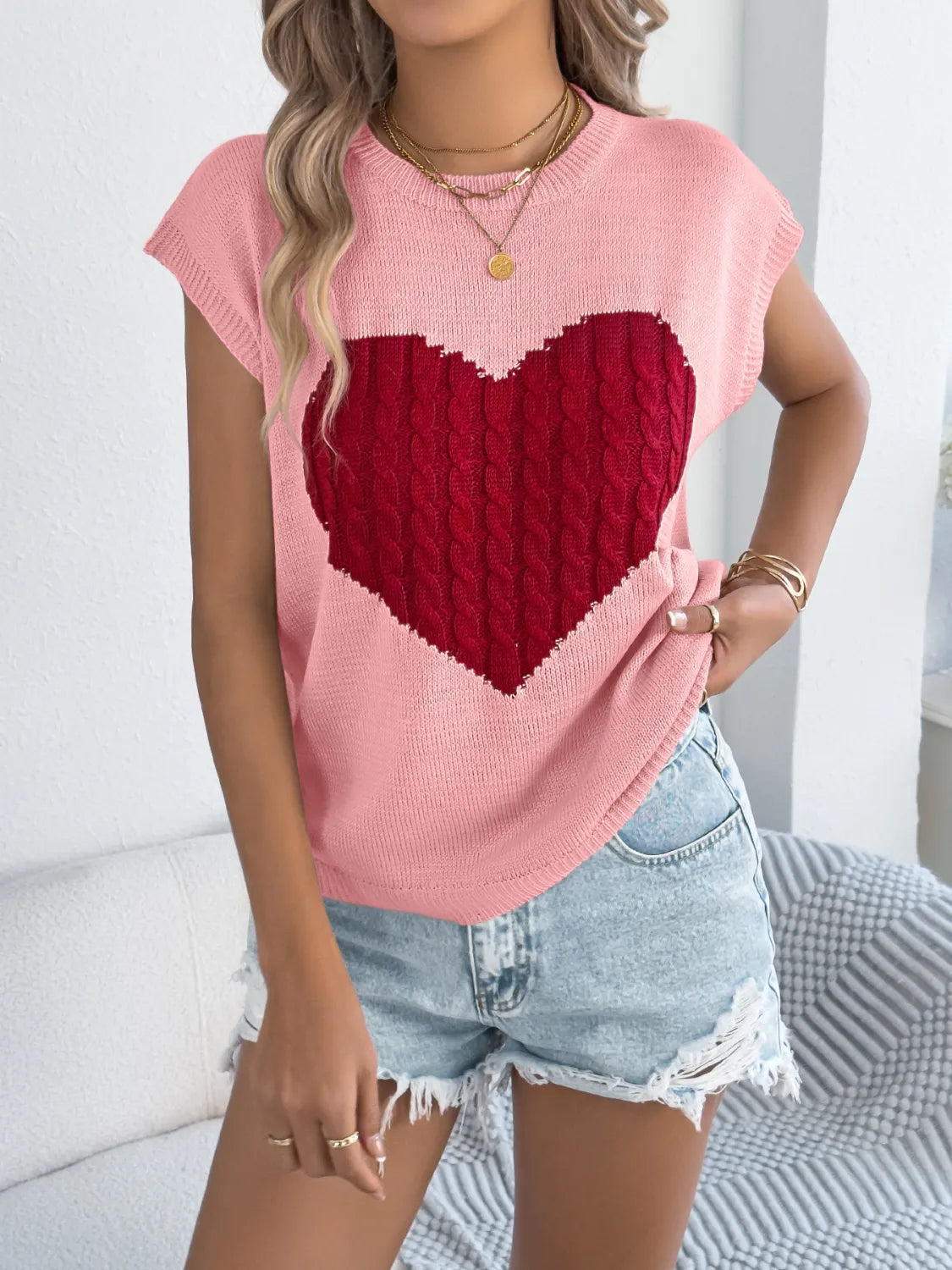 Cable Knit Heart Round Neck Cap Sleeve Knit Top – Trendsi | ClozArt
