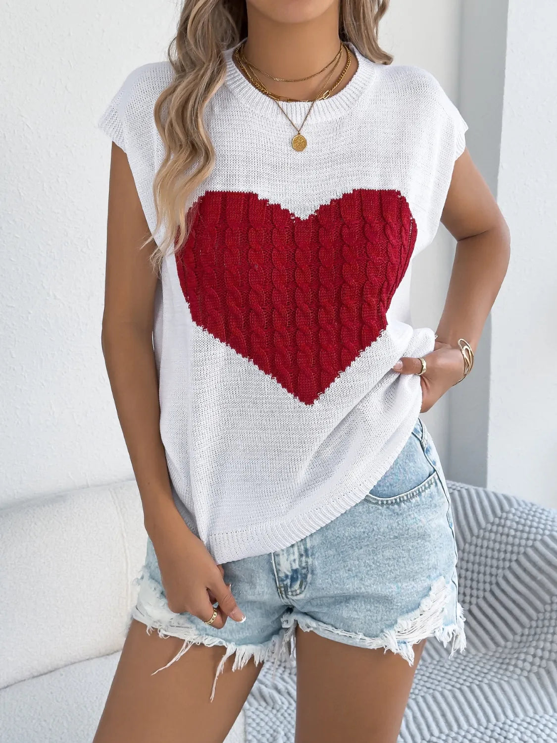 Cable Knit Heart Round Neck Cap Sleeve Knit Top – Trendsi | ClozArt