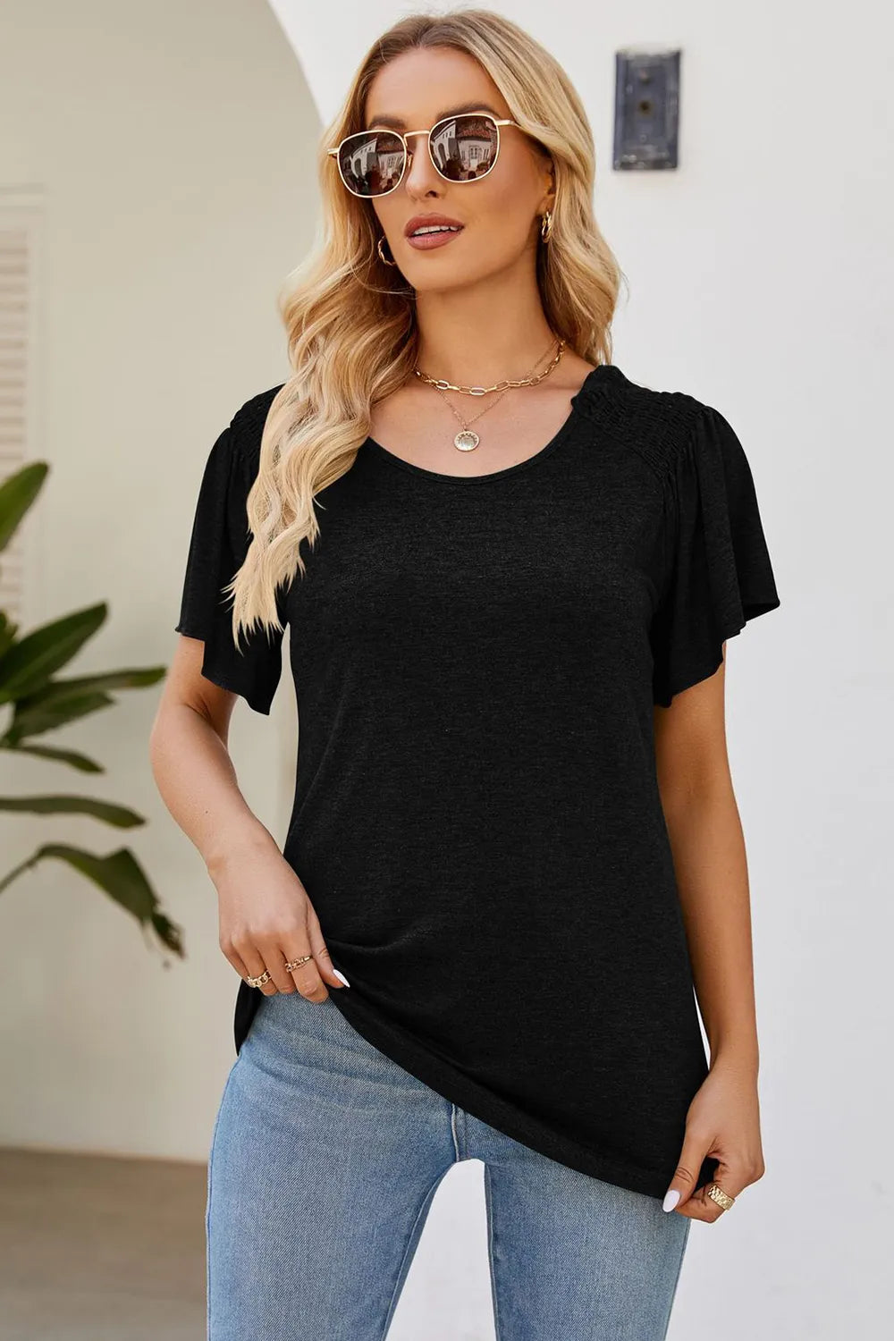Smocked Round Neck Flutter Sleeve T-Shirt – Trendsi | ClozArt