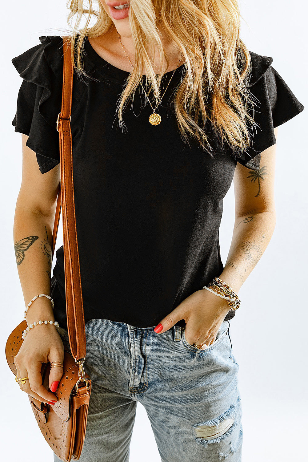 Layered Flutter Sleeve Round Neck Top – Trendsi | ClozArt