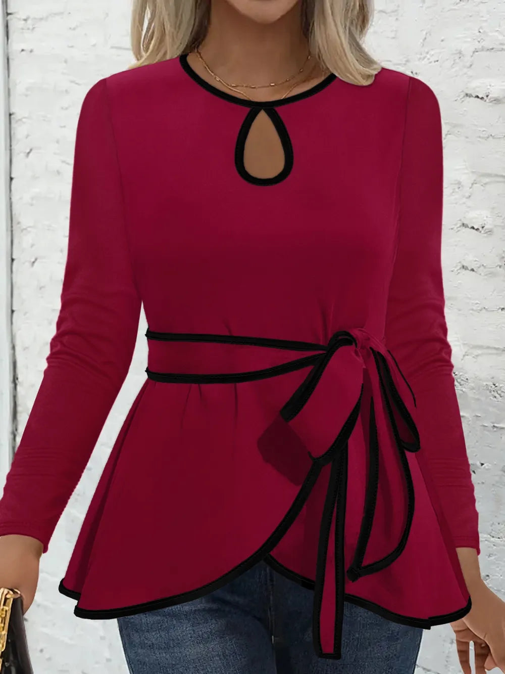 Tied Round Neck Long Sleeve T-Shirt – Trendsi | ClozArt