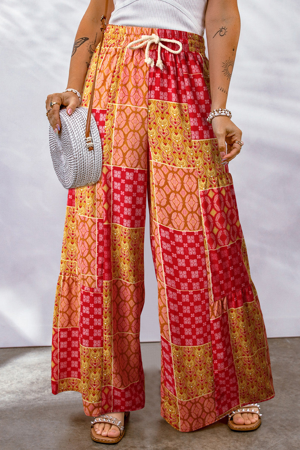 Bohemian Patchwork Drawstring Wide Leg Pants – Trendsi | ClozArt