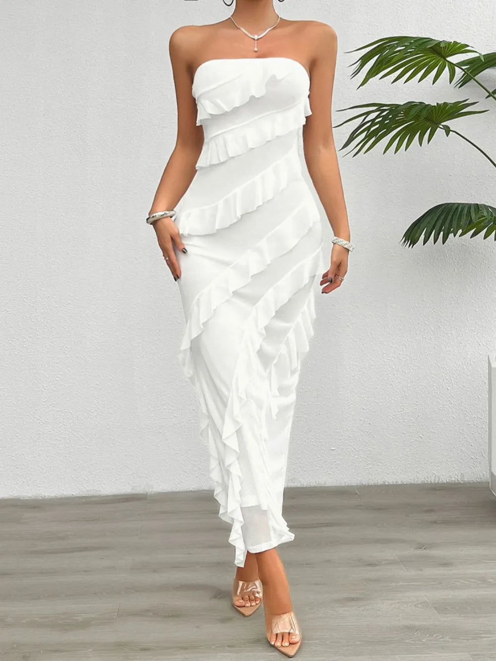 Devine Ruffled Slit Back Tube Maxi Dress – Trendsi | ClozArt