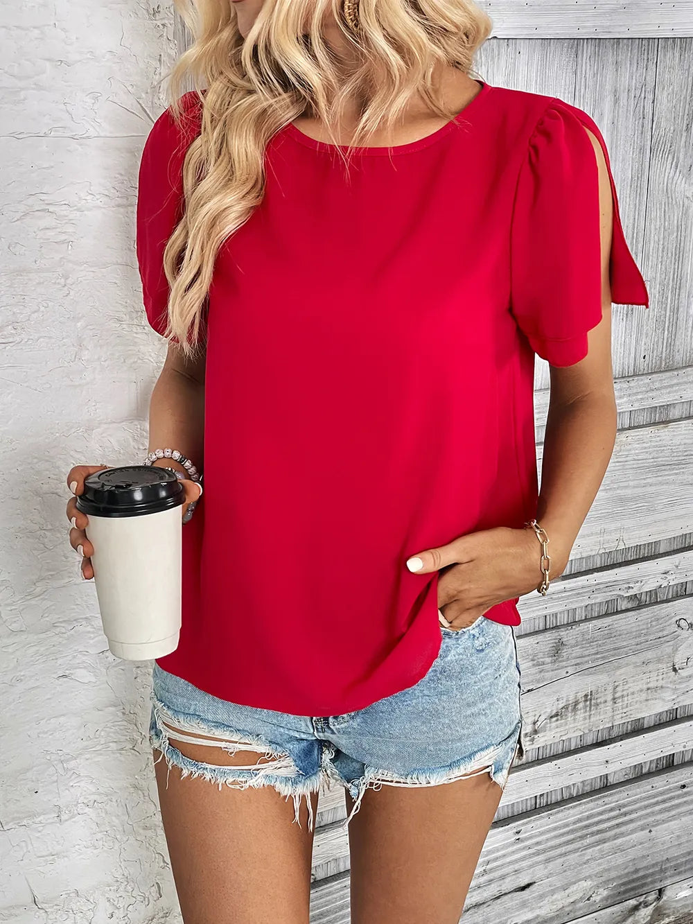 Perfee Round Neck Slit Short Sleeve Top – Trendsi | ClozArt