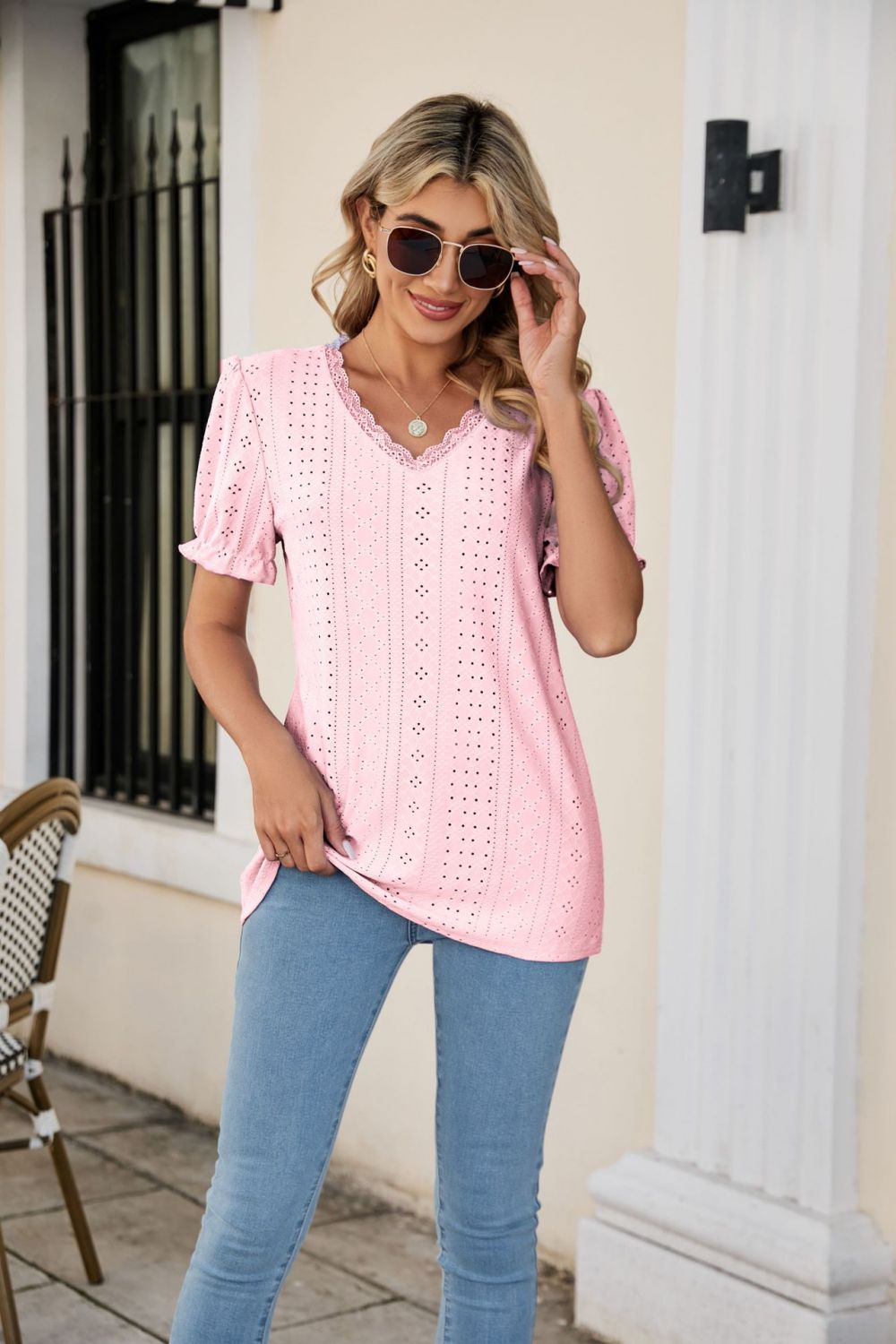 Eyelet Flounce Sleeve Scalloped V-Neck Top – Trendsi | ClozArt