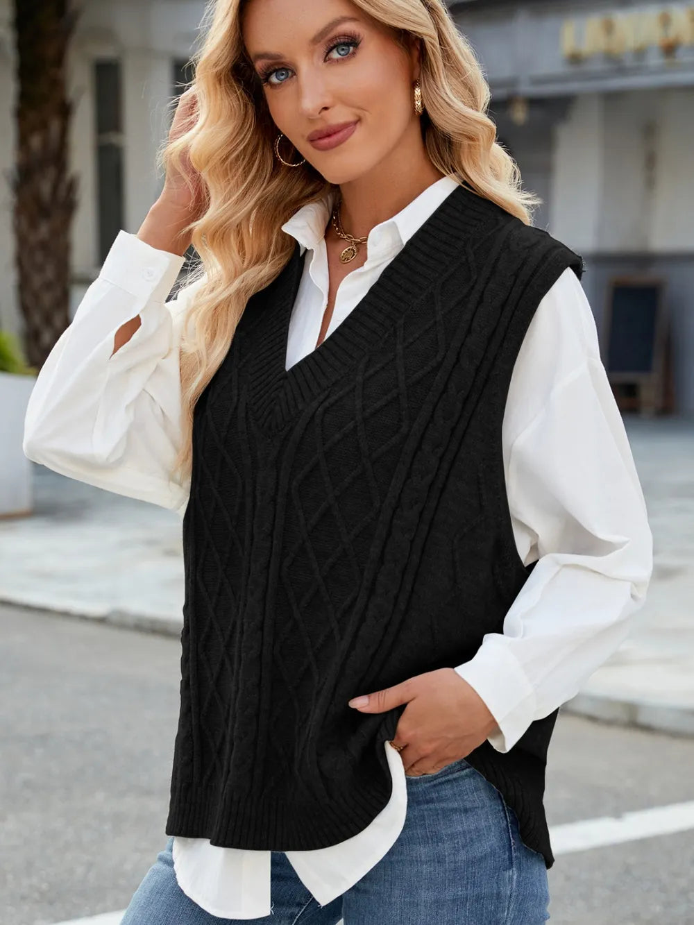 Cable Knit V-Neck Sweater Vest – Trendsi | ClozArt