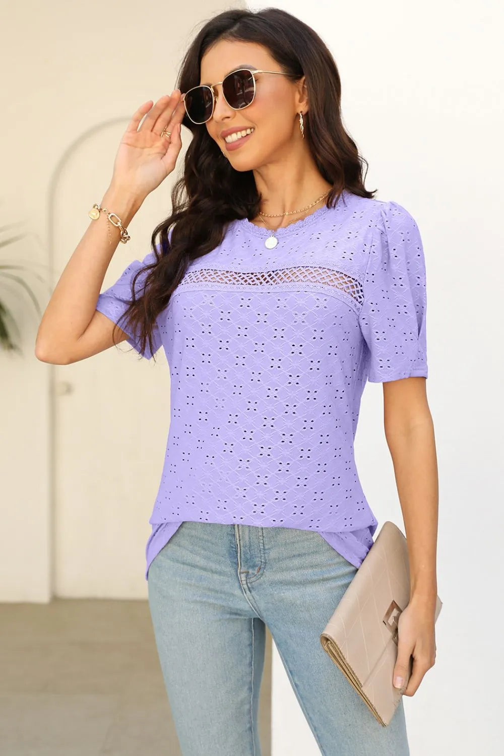 Eyelet Round Neck Short Sleeve T-Shirt – Trendsi | ClozArt