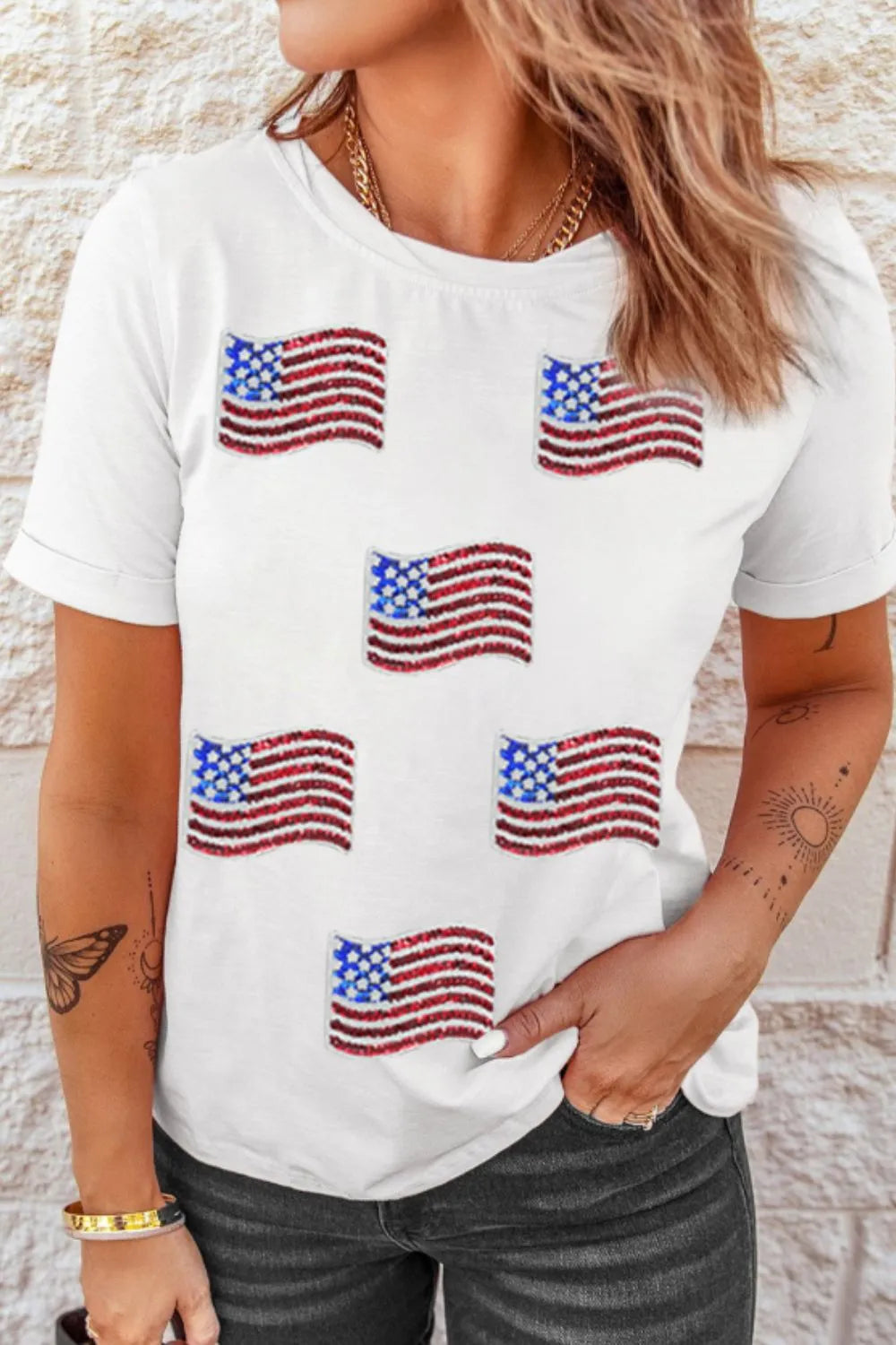 Sequin American Flag Patched Casual T Shirt – Trendsi | ClozArt