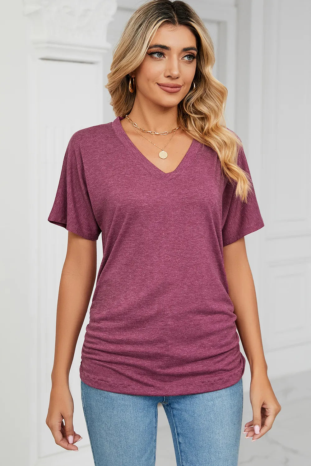 Ruched V-Neck Short Sleeve T-Shirt – Trendsi | ClozArt