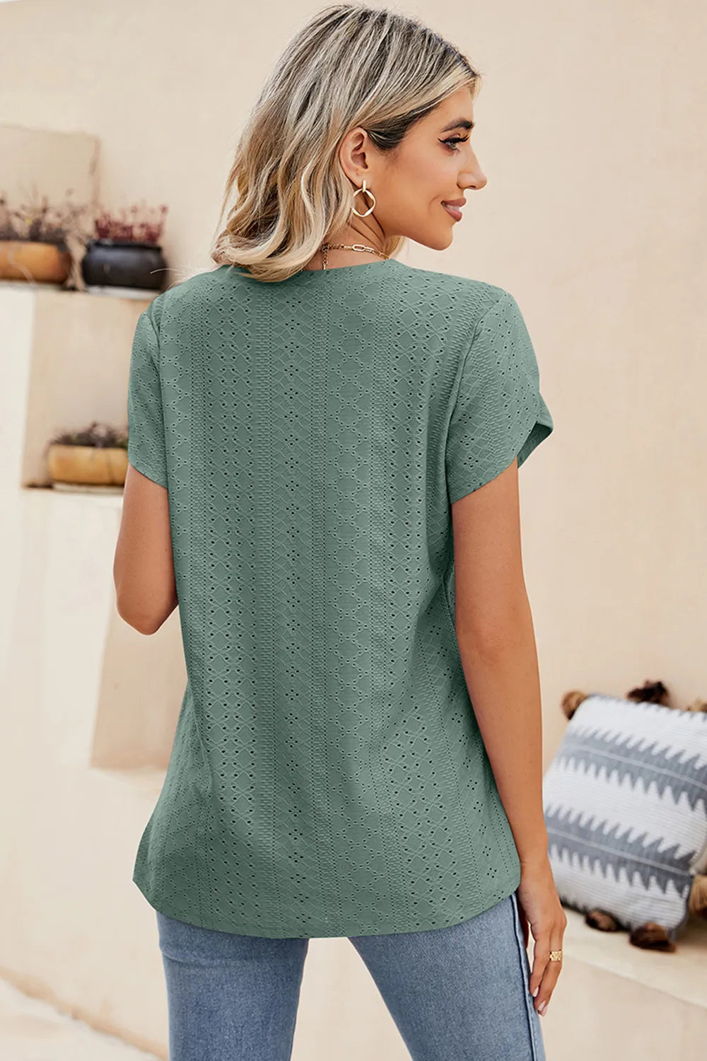 Eyelet V-Neck Petal Sleeve T-Shirt – Trendsi | ClozArt