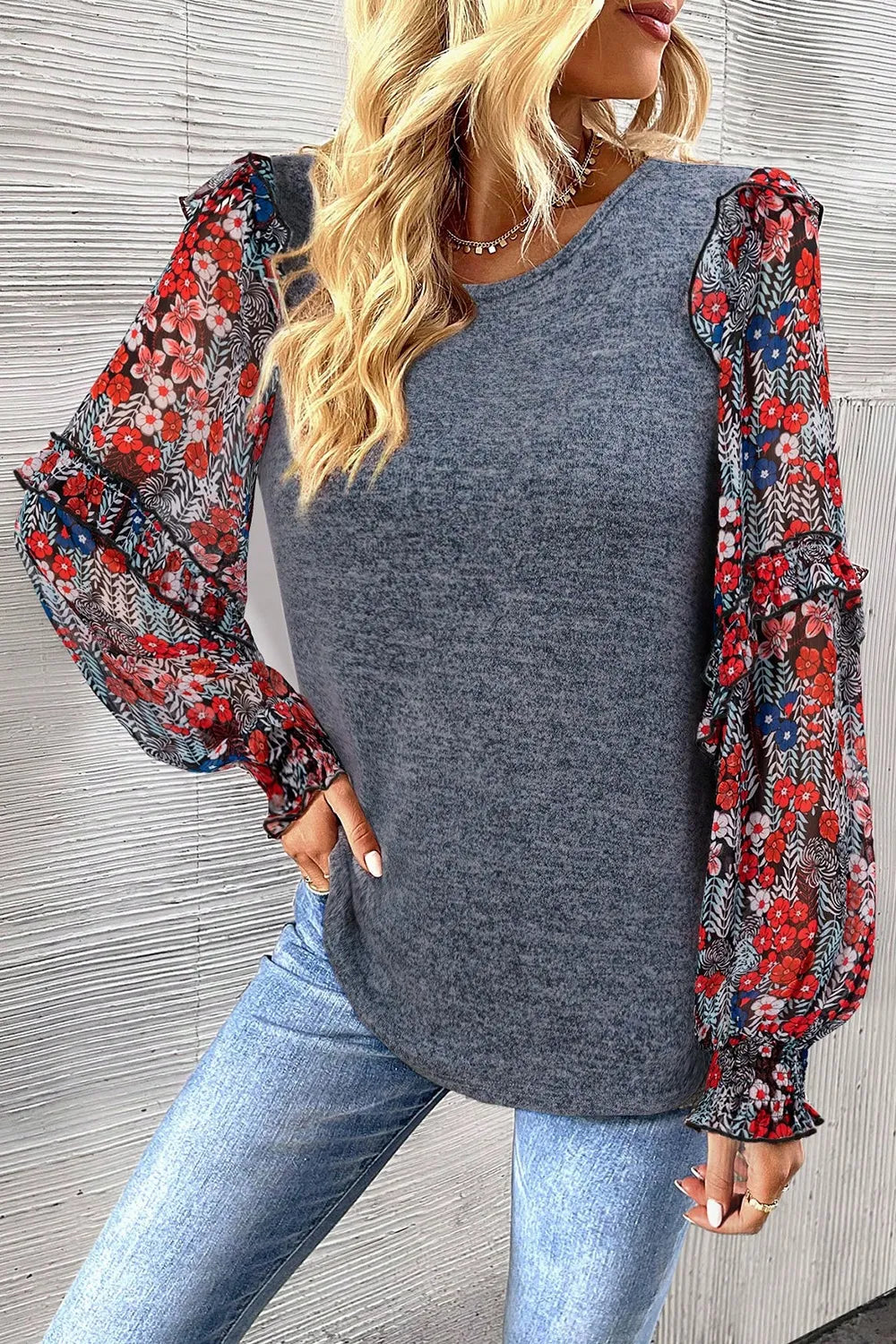 Heathered Floral Frill Lantern Sleeve Blouse – Trendsi | ClozArt