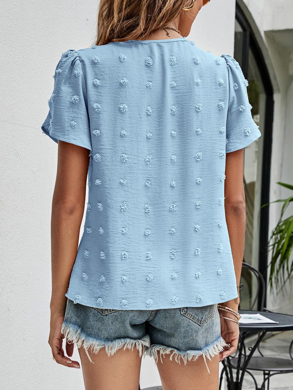 Swiss Dot Round Neck Petal Sleeve Top – Trendsi | ClozArt
