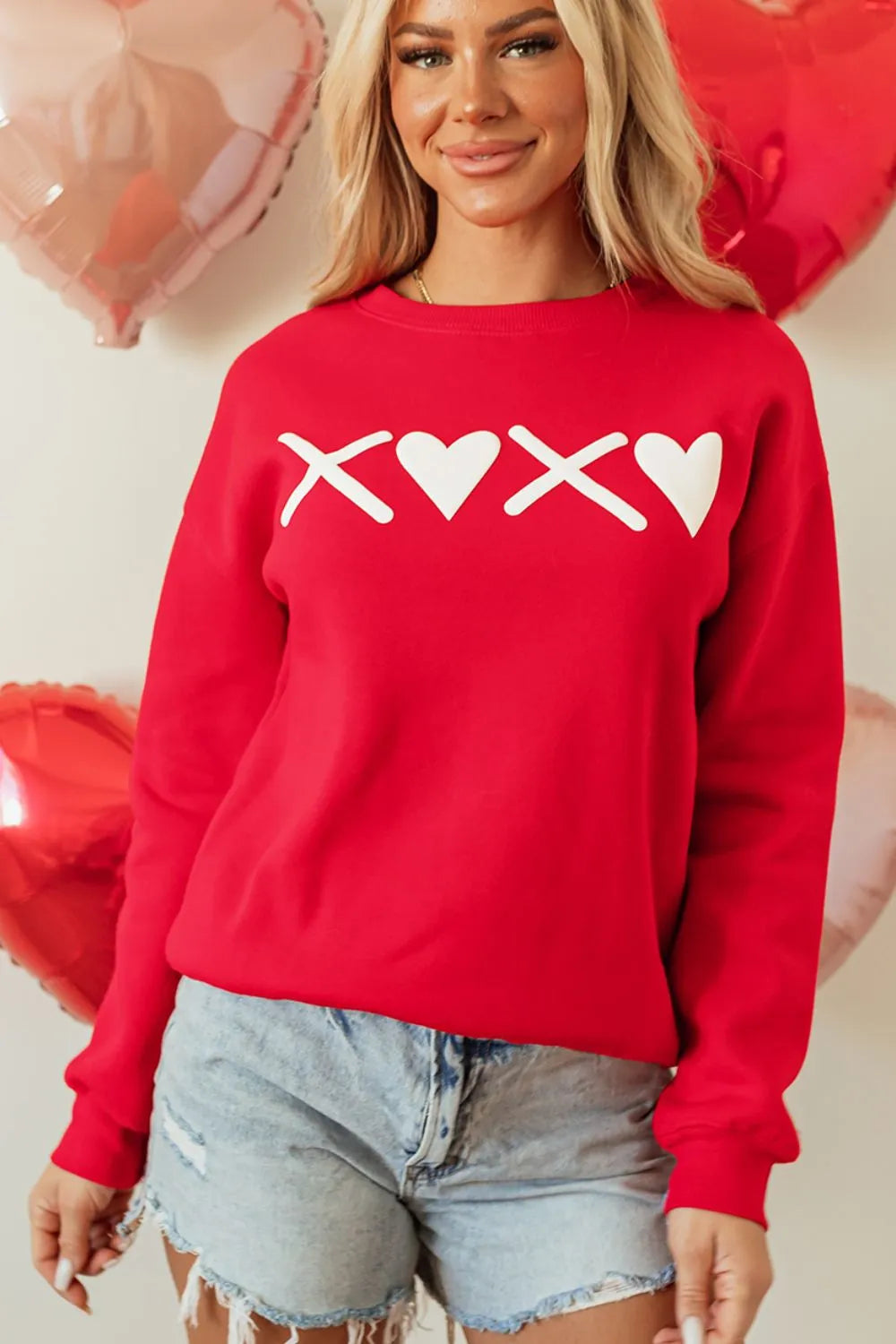 Valentine’s Day XOXO Round Neck Drop Shoulder Sweatshirt – Trendsi | ClozArt
