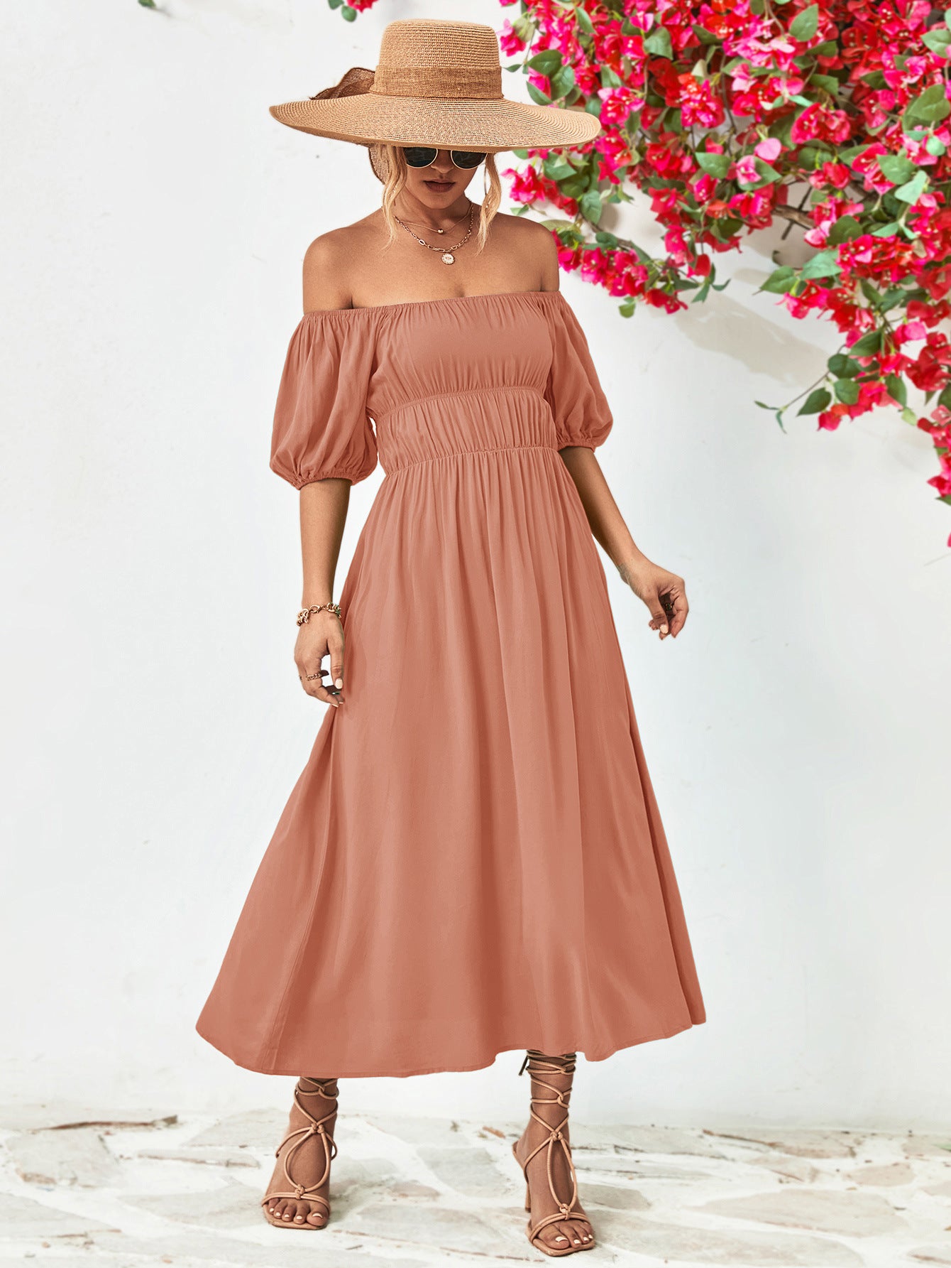 Off-Shoulder Balloon Sleeve Midi Dress – Trendsi | ClozArt