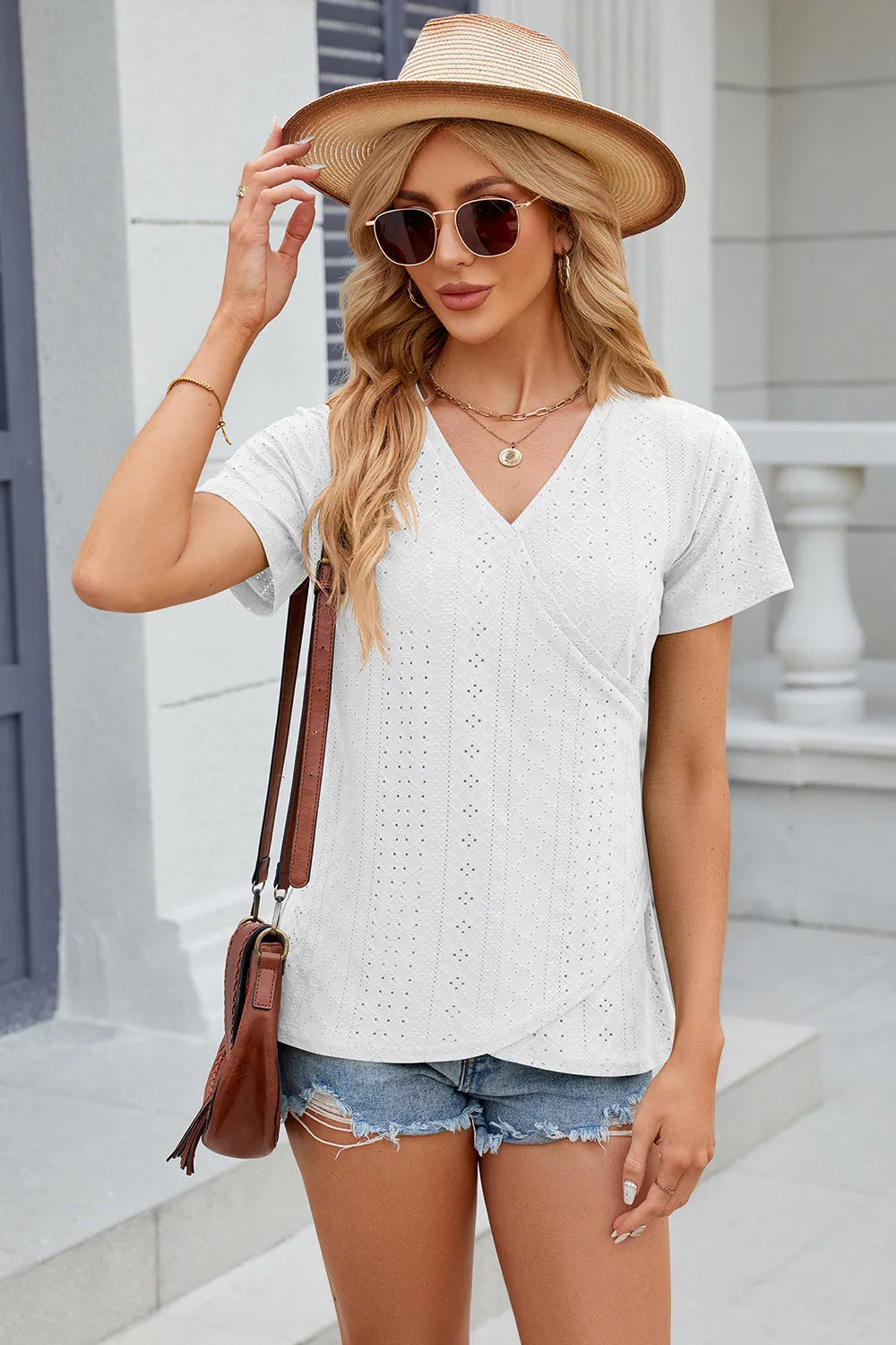 Eyelet Surplice Short Sleeve T-Shirt – Trendsi | ClozArt