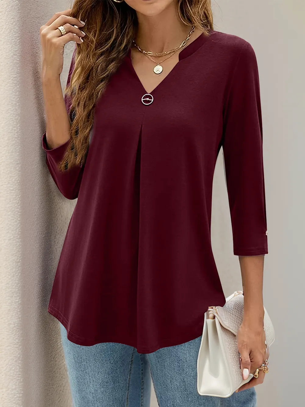 Notched Three-Quarter Sleeve T-Shirt – Trendsi | ClozArt