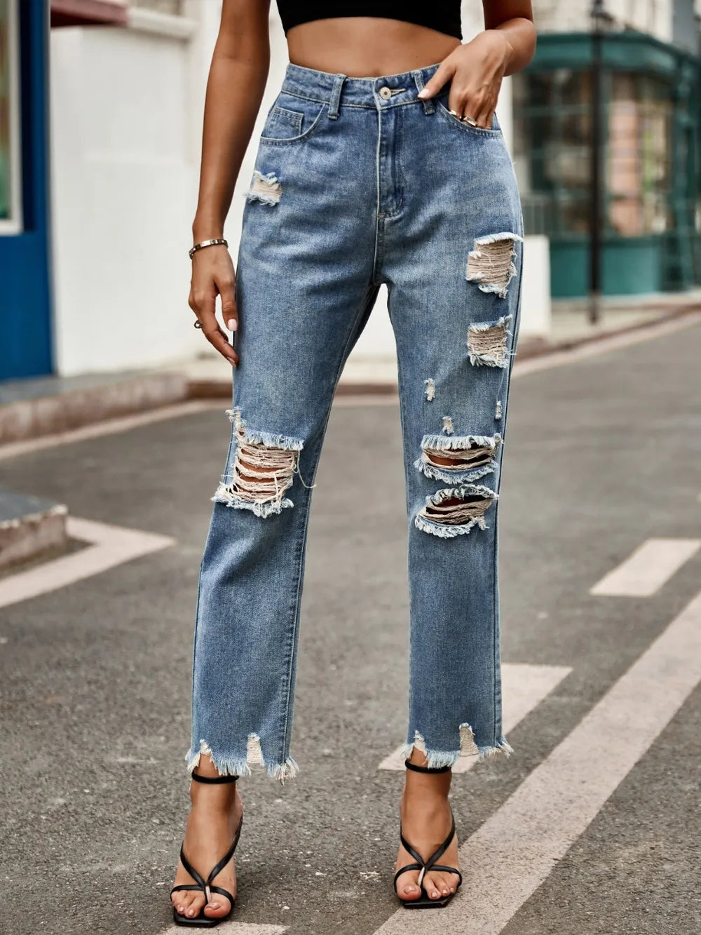 Distressed Raw Hem Jeans with Pockets – Trendsi | ClozArt