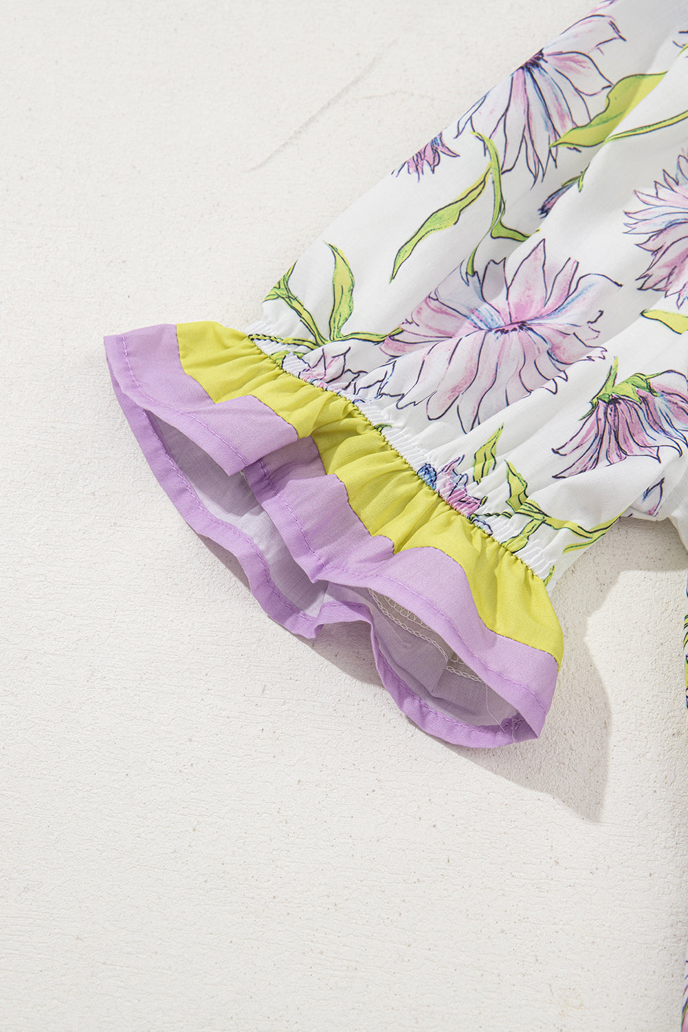 Purple Floral Print Ruffle Pop of Color Neckline Blouse – Shewin | ClozArt