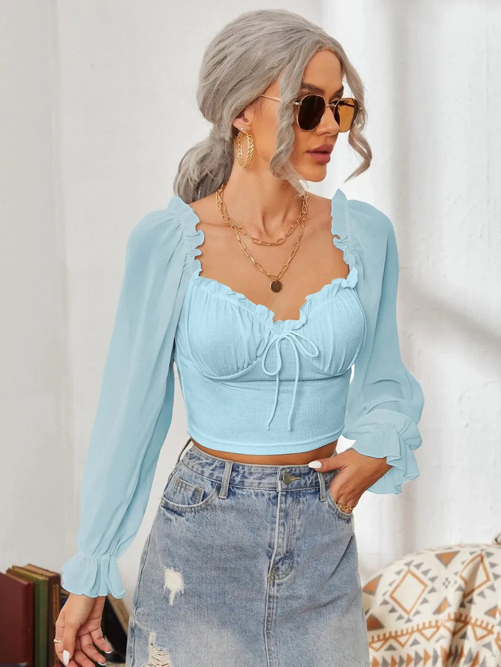 Mesh Sweetheart Neck Flounce Sleeve Top – Trendsi | ClozArt