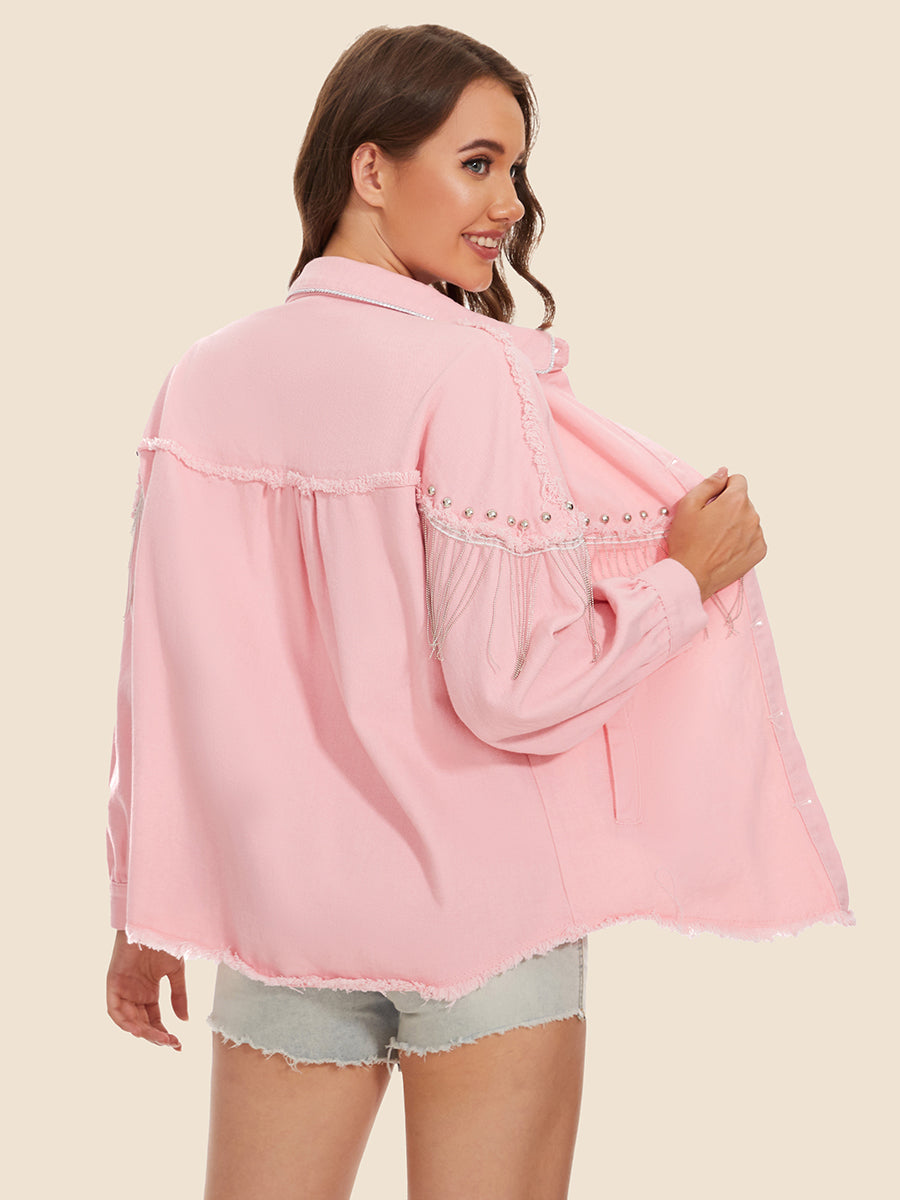 Raw Hem Fringe Detail Denim Jacket – Trendsi | ClozArt