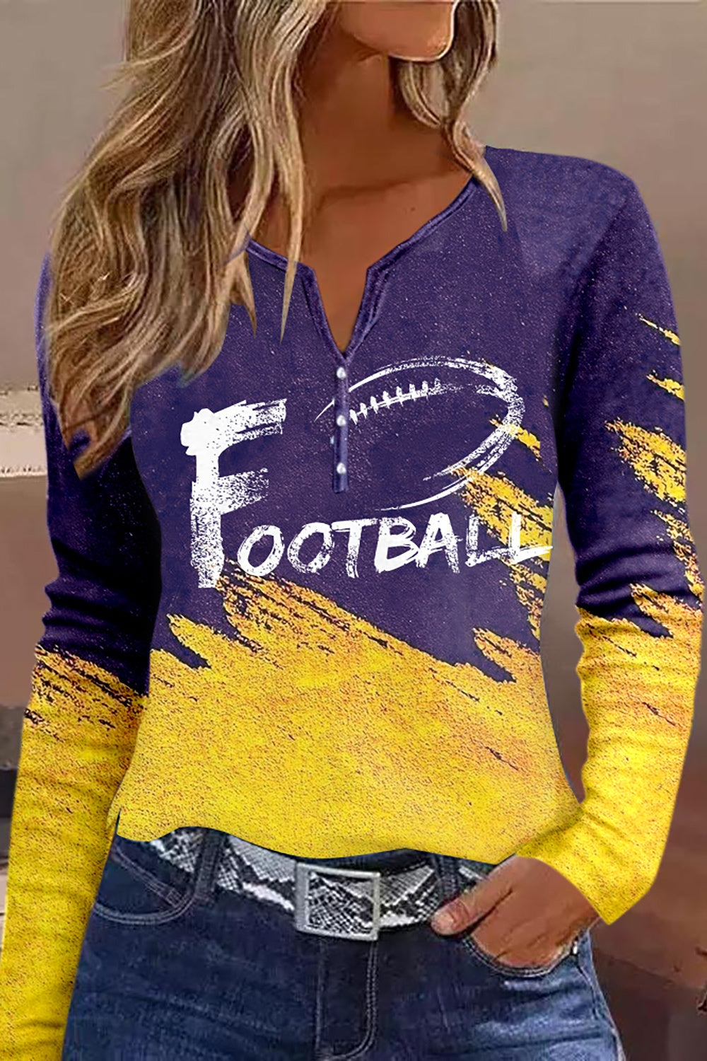FOOTBALL Graphic Notched Neck Long Sleeve T-Shirt – Trendsi | ClozArt