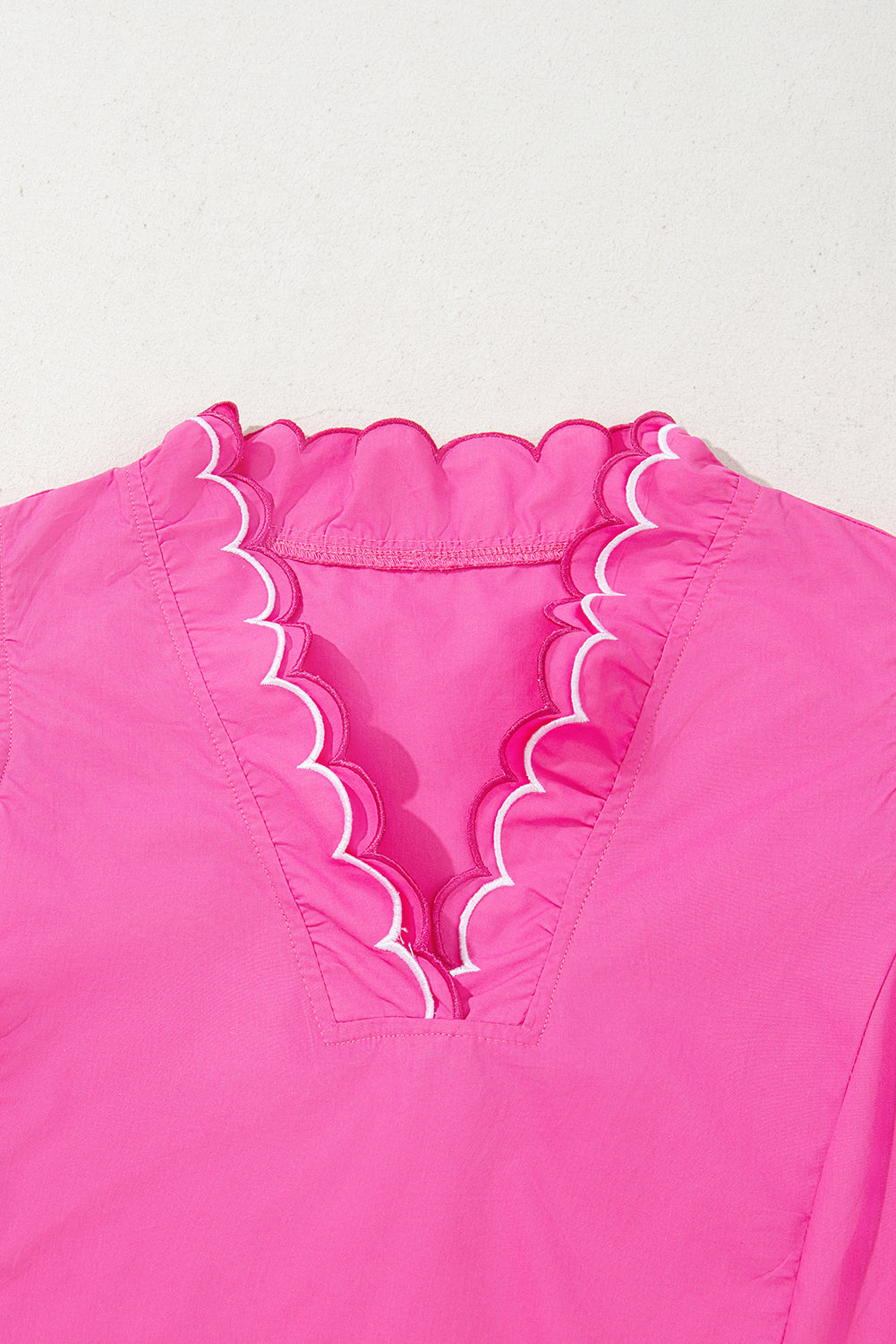 Bright Pink Scallop Trim V Neck Layered Short Sleeve Blouse – Shewin | ClozArt