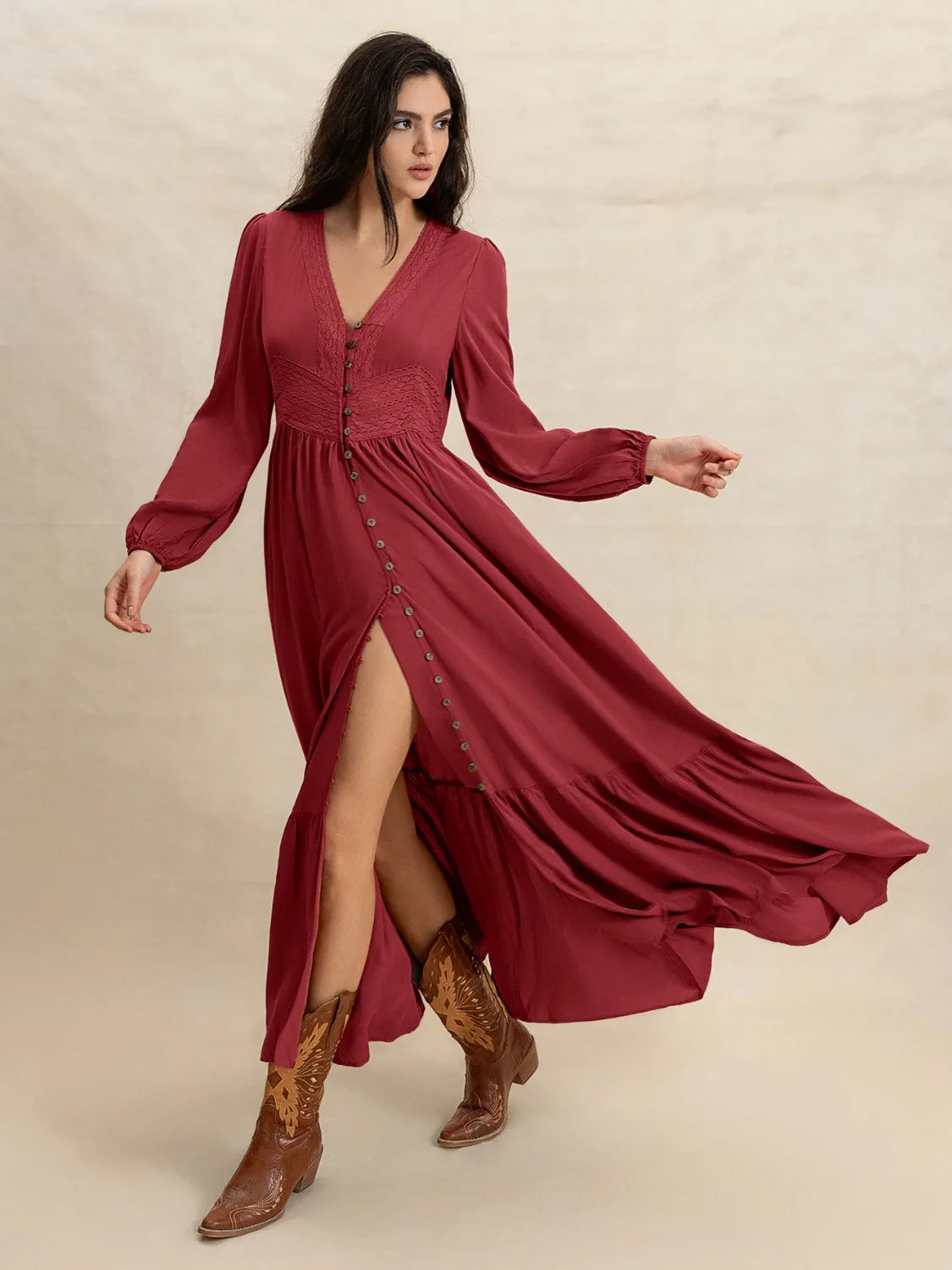 V-Neck Balloon Sleeve Ruffled Hem Maxi Dress – Trendsi | ClozArt