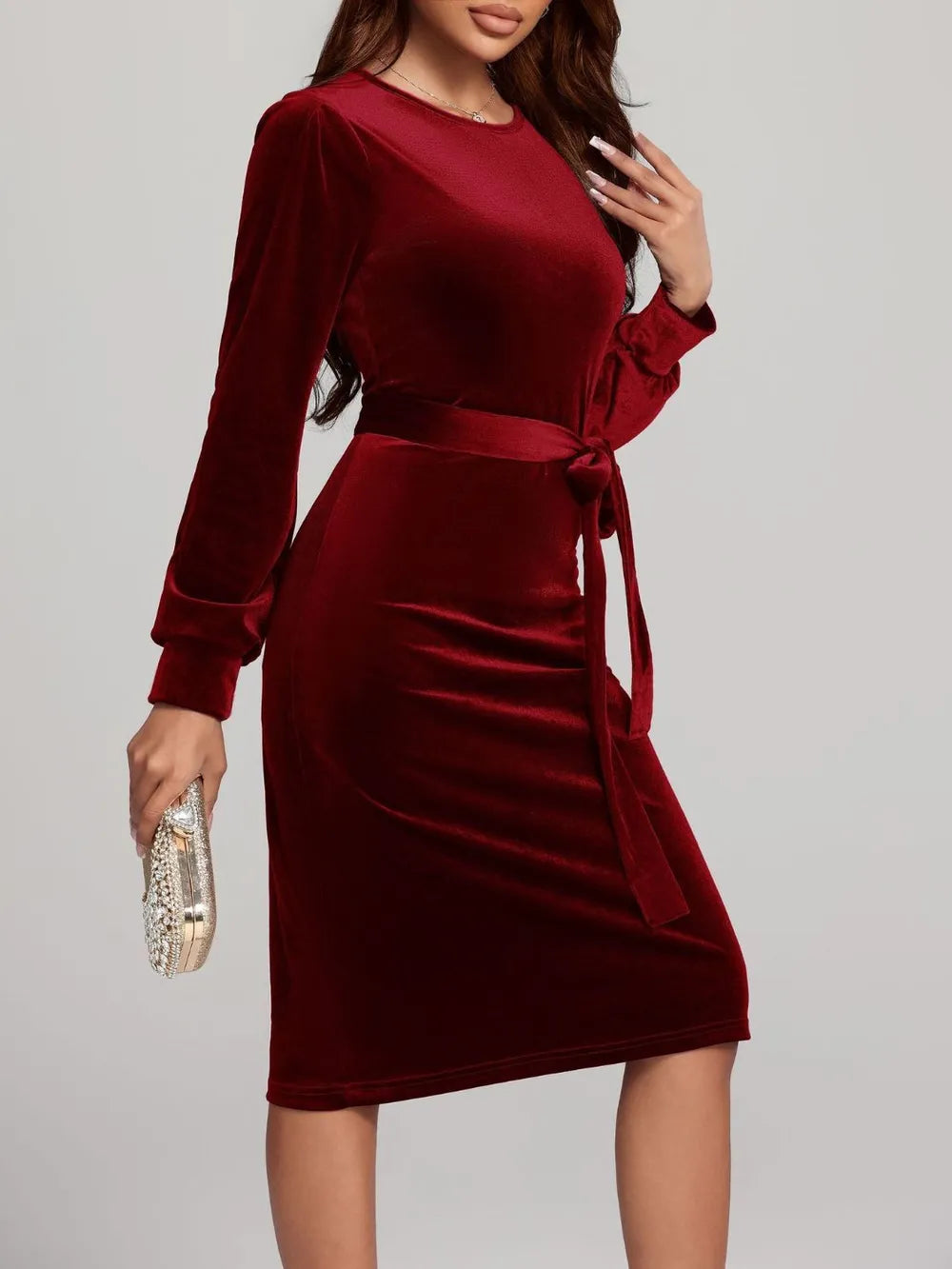 Round Neck Tie Waist Long Sleeve Velvet Dress – Trendsi | ClozArt
