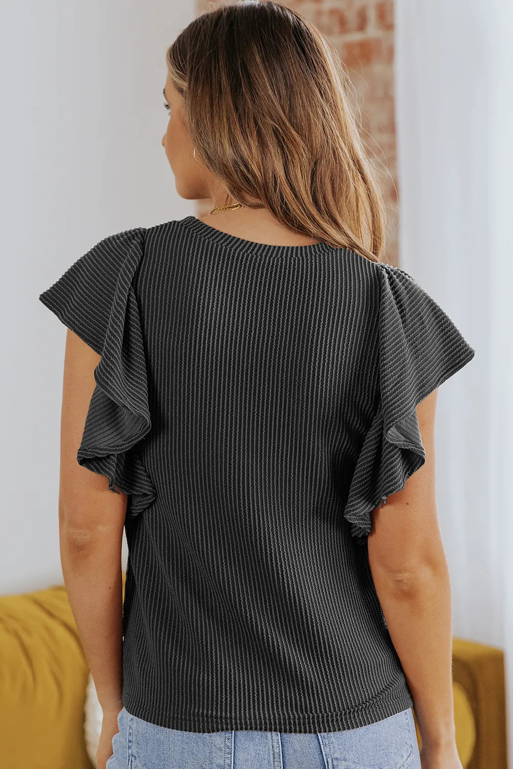 Ribbed Ruffle Trim Round Neck Top – Trendsi | ClozArt
