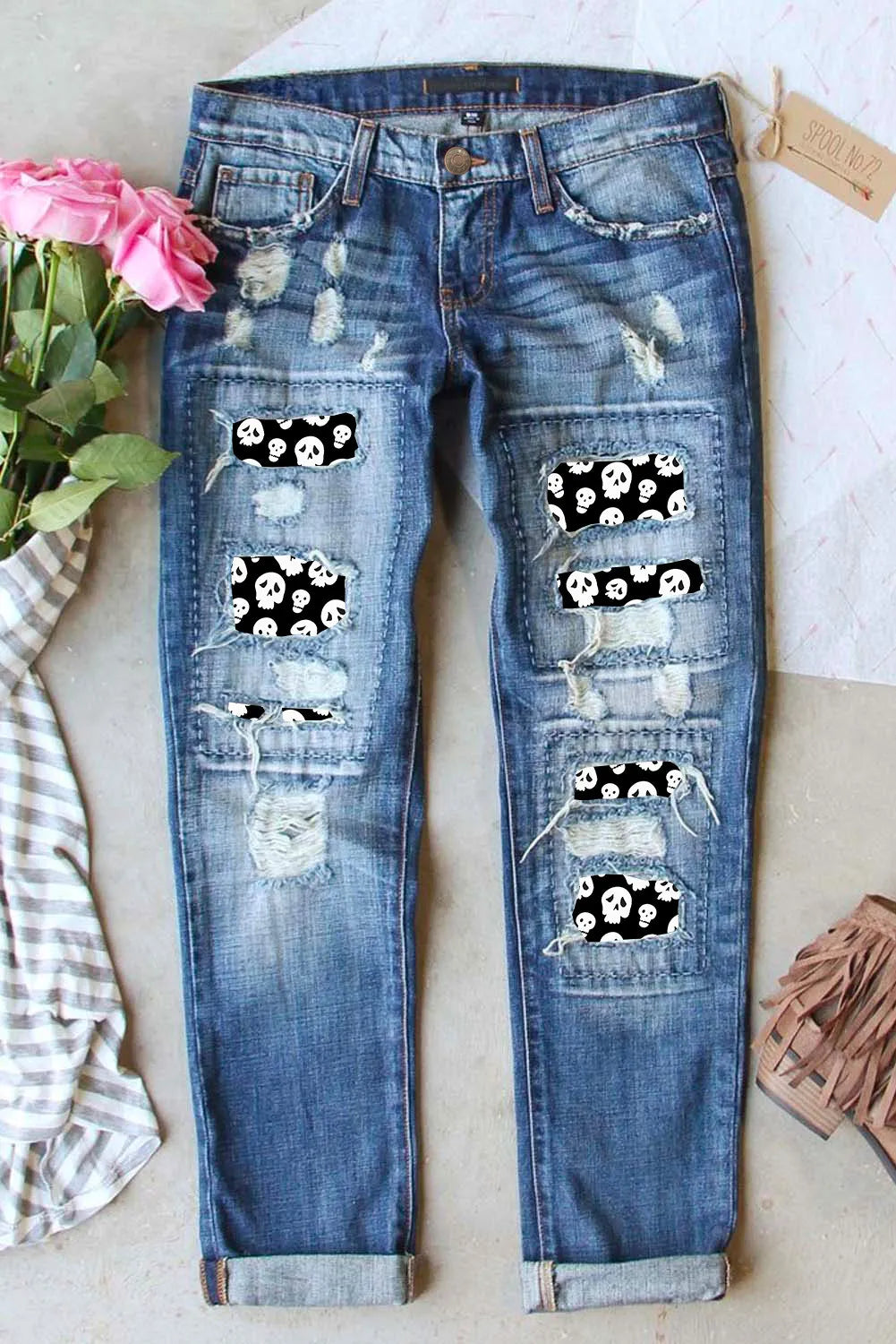 Distressed Skeleton Pattern Jeans with Pockets – Trendsi | ClozArt