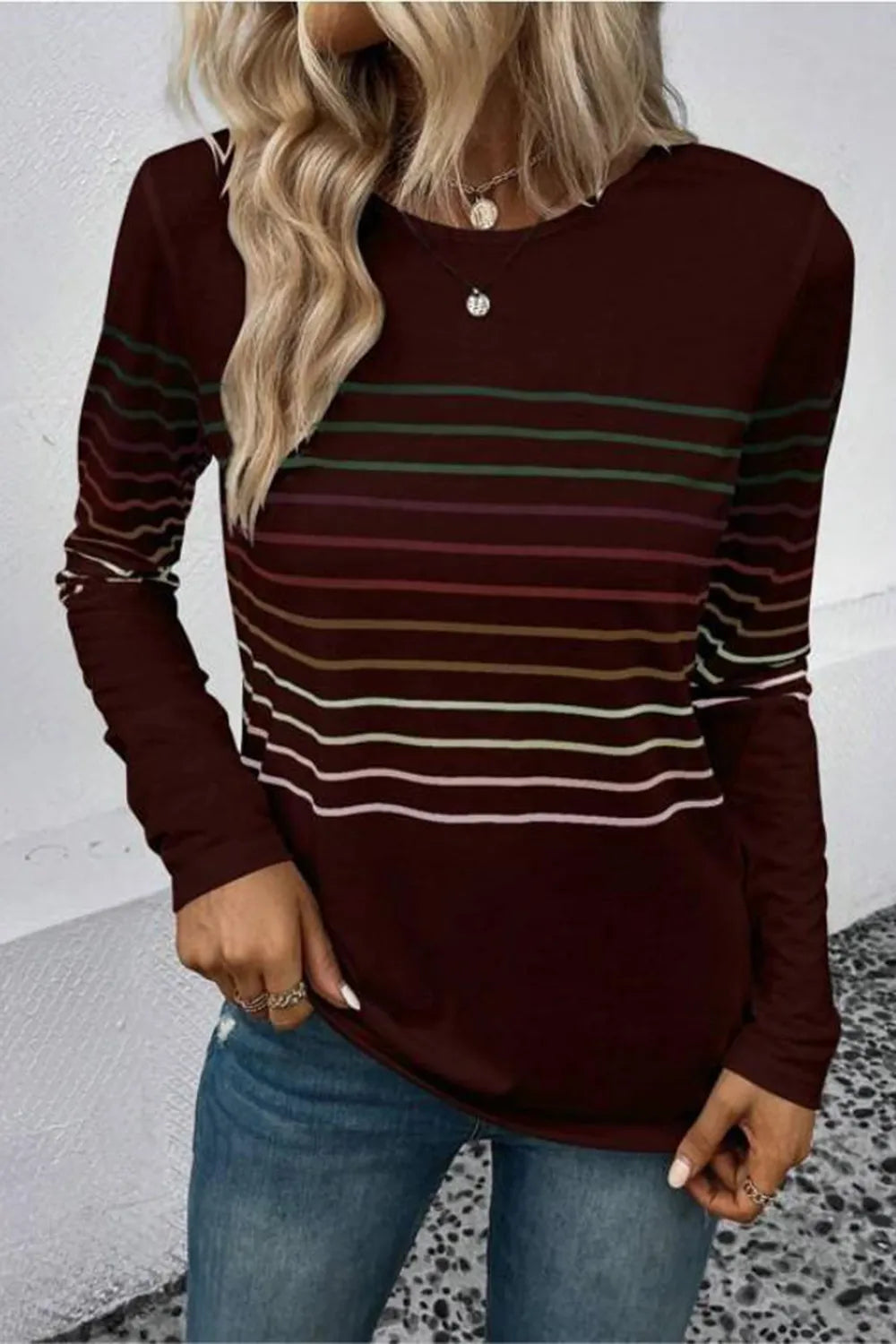 Striped Round Neck Long Sleeve T-Shirt – Trendsi | ClozArt