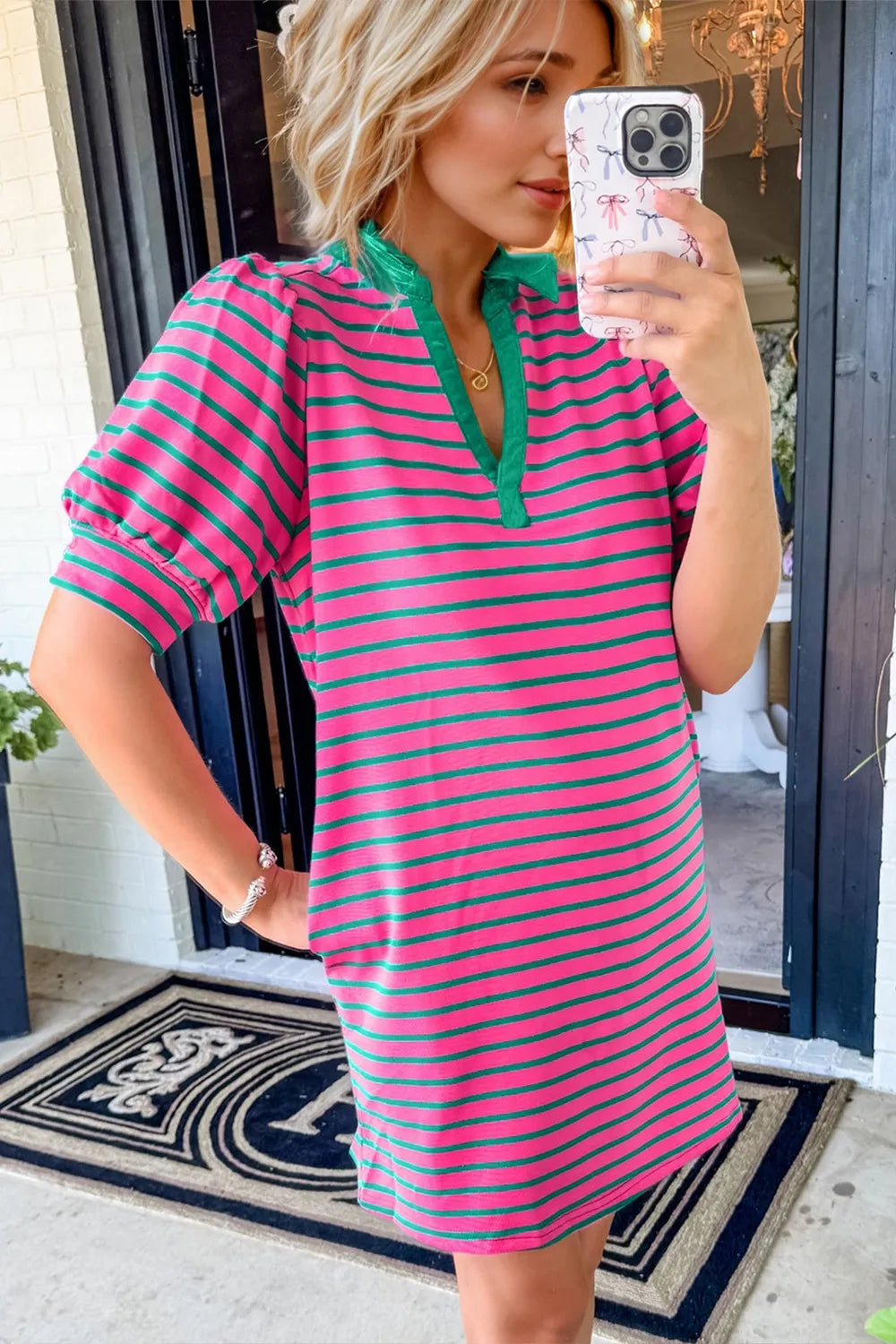 Oh Striped Johnny Collar Puff Sleeve Mini Tee Dress – Trendsi | ClozArt