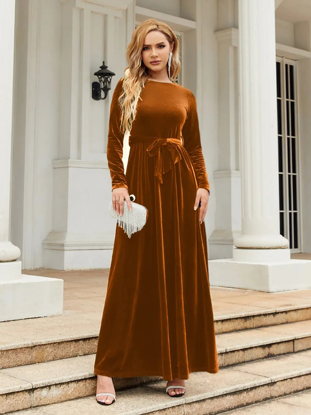 Tie Front Round Neck Long Sleeve Maxi Dress – Trendsi | ClozArt