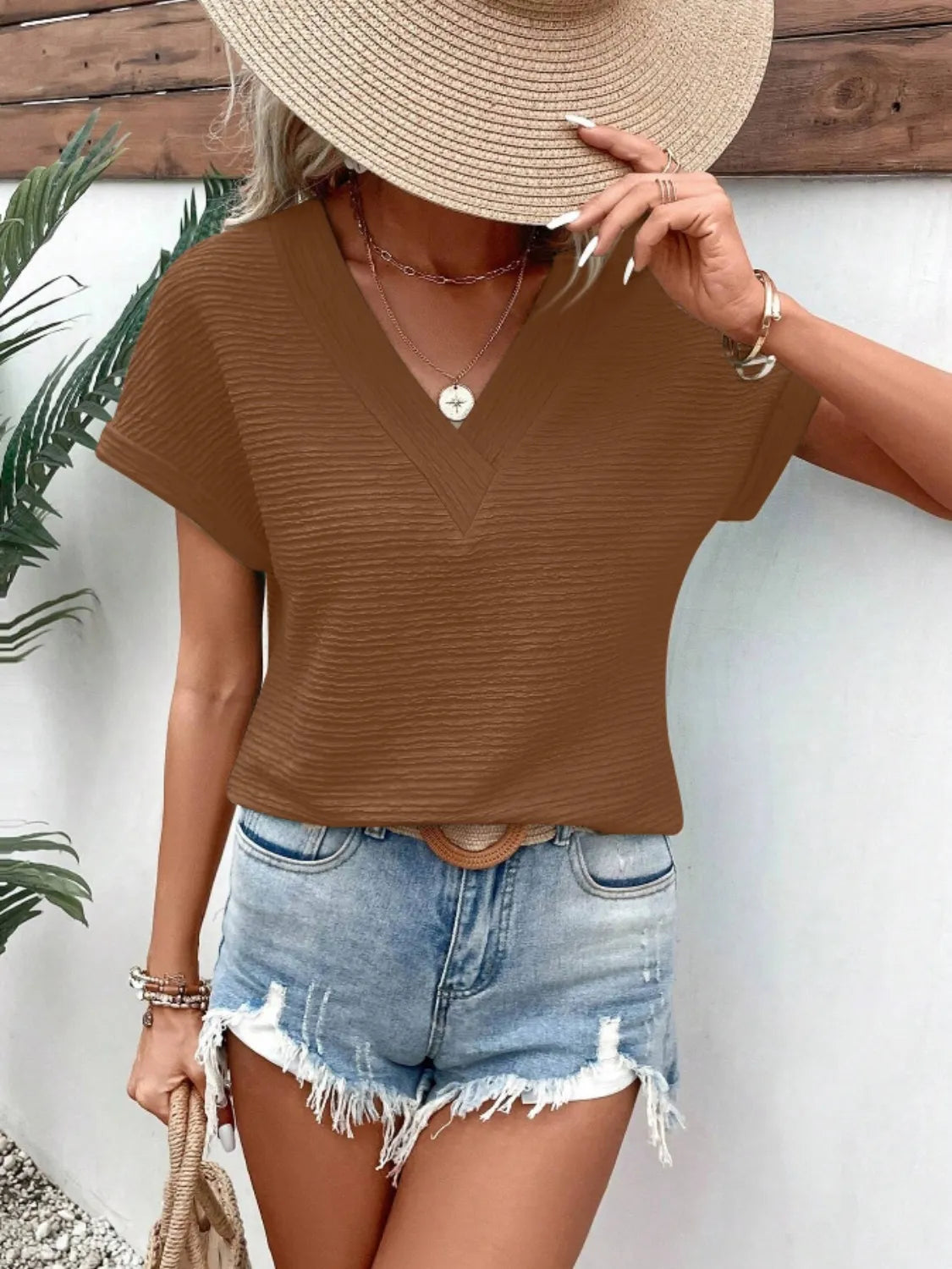 Textured Solid Color Short Sleeve Top – Trendsi | ClozArt